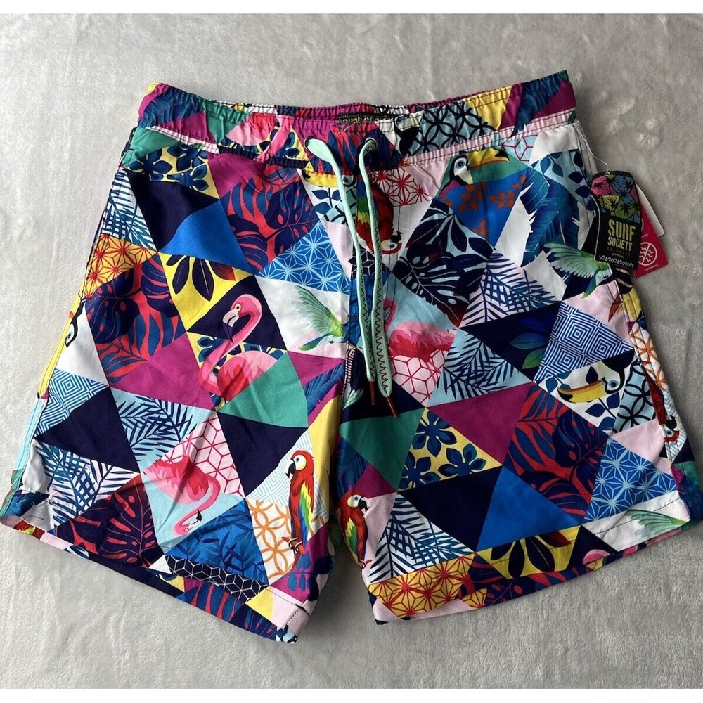 Surf Society Swim Trunks Men Medium Multicolor Geometric Tropical NWT